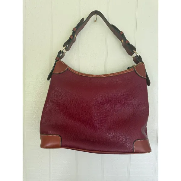 Dooney & Bourke Pebble Grain Leather Hobo Shoulder Bag Burgundy Wine Tan Trim - Image 2