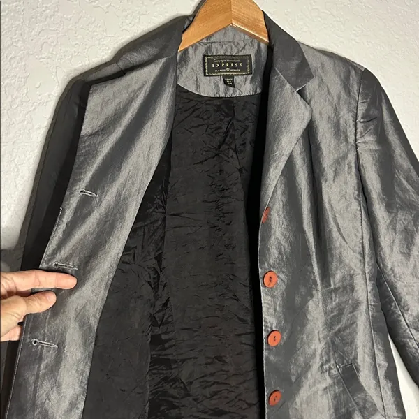 Vintage Express Silver Trench Coat Pockets Nylon Shimmer Y2K Glam Fall Small - Image 6