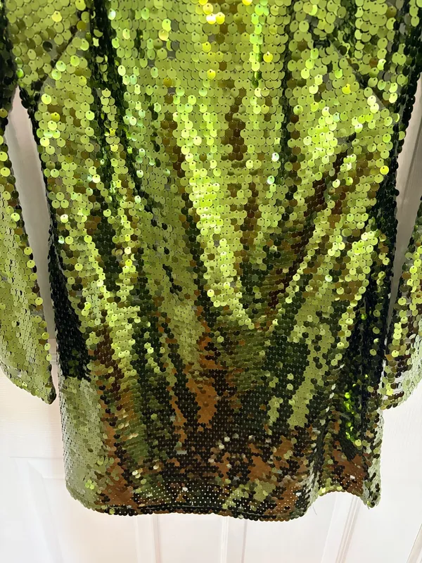 Anthropologie Green Sequin Mini Dress US 4 Party Cocktail Glam Open Back Long Sleeve - Image 6