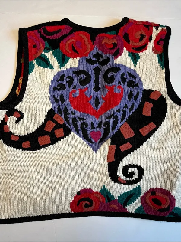 Vintage Lisa Nichols Marisa Christina Heart Rose Knit Sweater Vest Medium Art to - Image 8