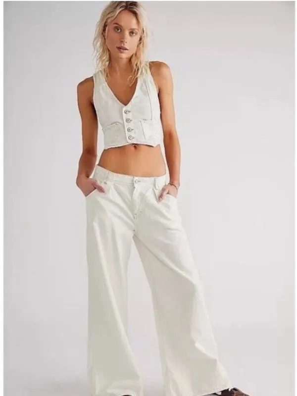 Free People Rider Denim Vest - Cropped Button Front, Ivory, Boho Western size XS - Image 2