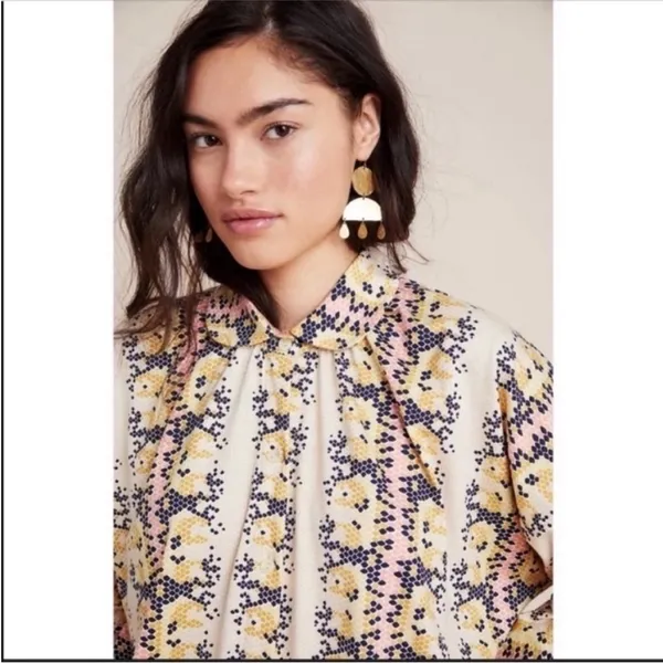 ANTHROPOLOGIE Abbe Honeycomb Buttondown Hexagonal Tops Long Sleeve Pink Size XS - Image 4