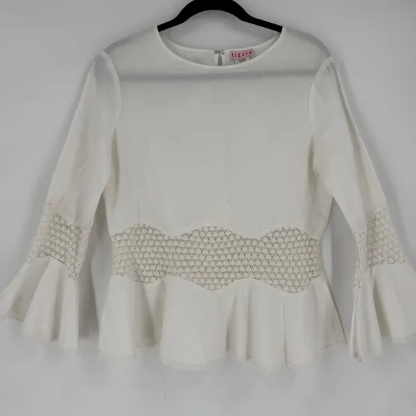 Tizzie Crochet Lace Blouse Women‎ Small White Bell Sleeve Boho Cottagecore Top - Image 15