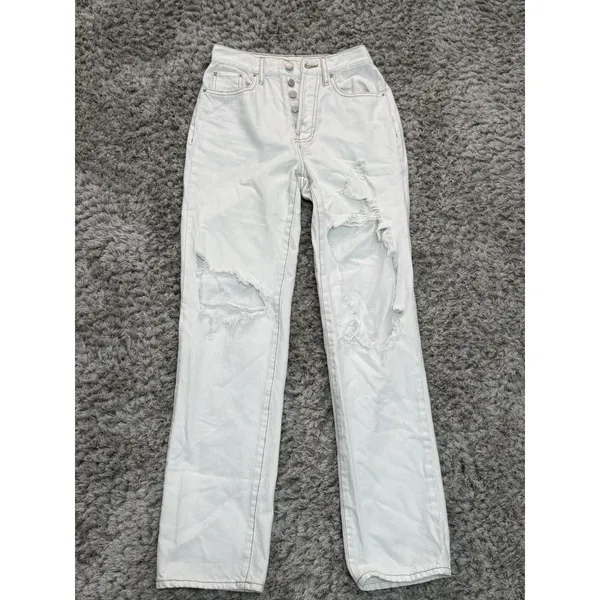 PacSun Women’s Dad Jean Size 23 Distressed Ripped Light Cream Denim High Rise - Image 2