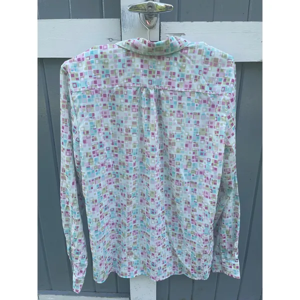 Gap Womens Stretch Button Down Shirt Long Sleeve Geometric Square Print Pink L - Image 2
