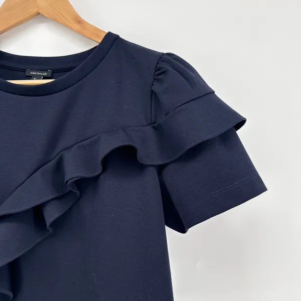 Ann Taylor Navy Blue Ruffle Accent Short‎ Sleeve Blouse Top Womens Size Medium - Image 3