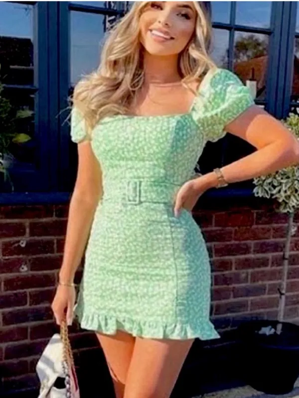 Zara Linen Blend Puff Sleeve Mini Dress in Light Green Floral Daisy Print Size S - Image 2