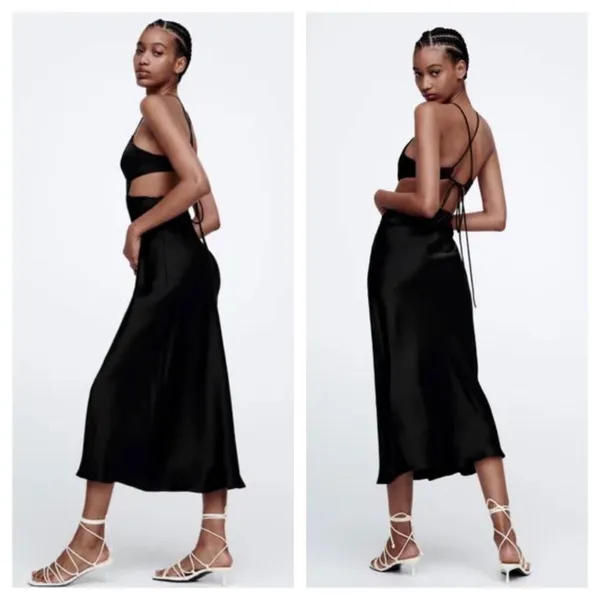 Zara Black Satin Cut Out Slip Maxi Dress Small Tie Back Cocktail Formal Wedding - Image 14