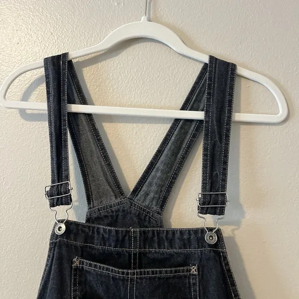 Route 66 Vtg Denim Overall Shorts Black Grey Embroidered Y2K Kid Core Grunge‎ Goth 90s - Image 3