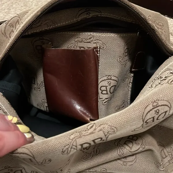 Vintage Dooney & Bourke Brown Leather & Canvas Print Shoulder Bag - Image 2
