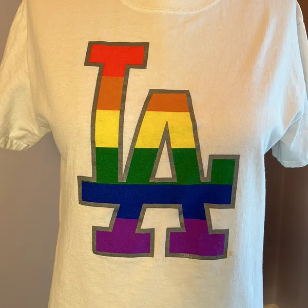 LA Dodgers unisex LGBT Pride Night all cotton short sleeve T shirt rainbow logo - Image 3