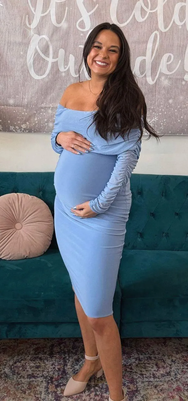 Club L POWDER BLUE MATERNITY RUCHED MESH BARDOT MIDI DRESS - Image 3