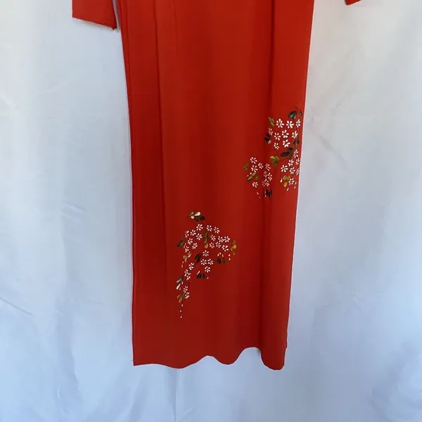 Vintage Floral hand painted Red Maxi Dress‎ Womens XL Long Sleeve high slits - Image 3