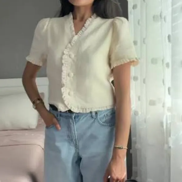 Reformation | Bess 100% Linen Puff Sleeve Ruffle Top in Sugar Cream | Size Med - Image 7