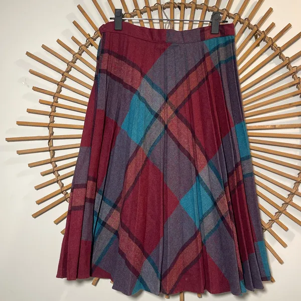 VTG Plaid Pleated Wool Skirt Midi Skirt Red Multi 60’s-70’s Union Made Academia - Image 7