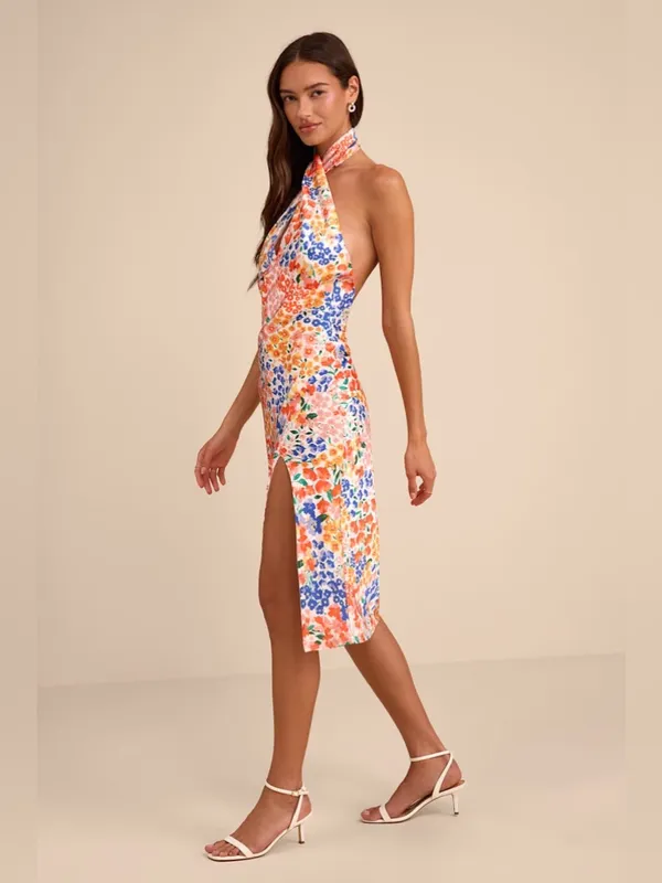 LULU’S Bold Presence Orange Multi Floral Satin Halter Midi Dress - Image 5