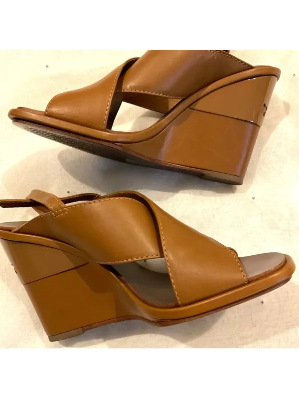 New without box Tory Burch brown wedge sandals Royal Crisscross Leather SZ7 - Image 6