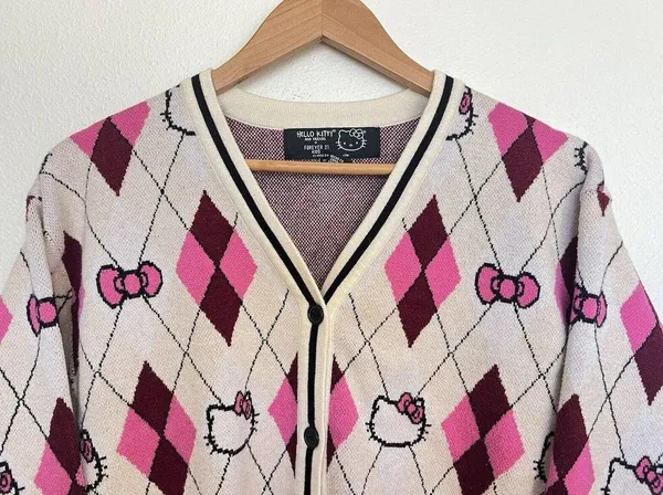 Hello Kitty Argyle Knit Cardigan Sweater Pink Burgundy Preppy Coquette Mall Y2K - Image 2
