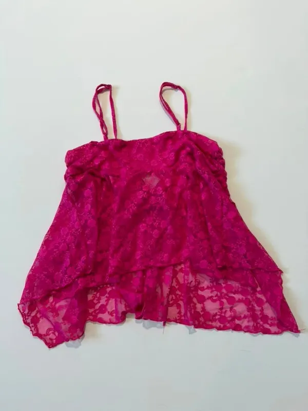 Kimchi Blue Y2K Cute Hot Pink Lace Floral Babydoll Fairy Asymmetrical Cami Top - Image 2