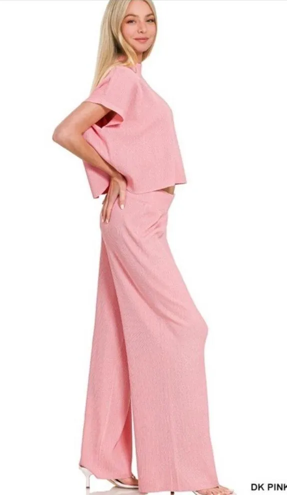 Sweater Short Sleeve Ribbed Two Piece Set Pink Size L - Image 2