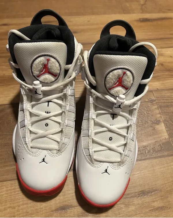Jordan Men’s Mid Top Lace-Up Basketball Sneakers White/Black/Red Solid - Image 4