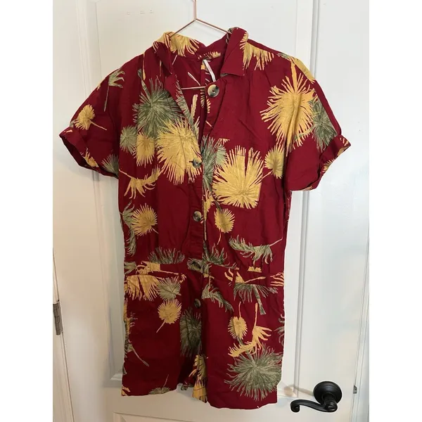 Free‎ People Women's Malibu Romper Size S Red Tropical Palm Print Short Sleeve - Image 5
