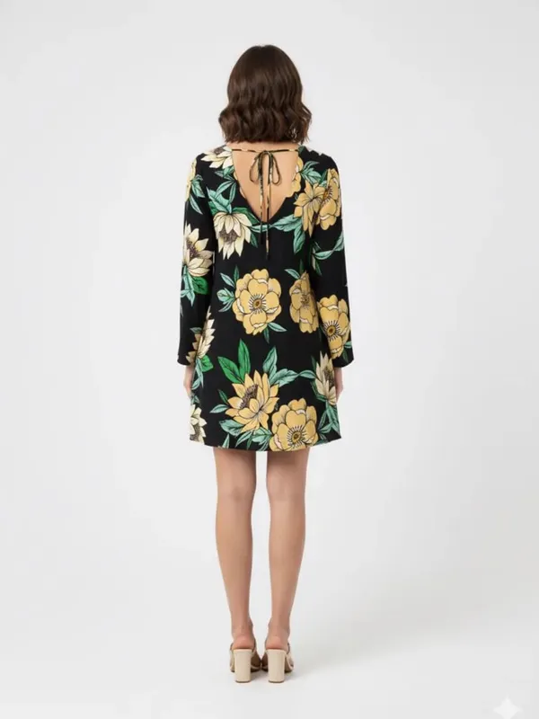 FARM Rio Long Bell Sleeve Mini Dress with Low Tie Back in Tropical Floral Print - Image 2