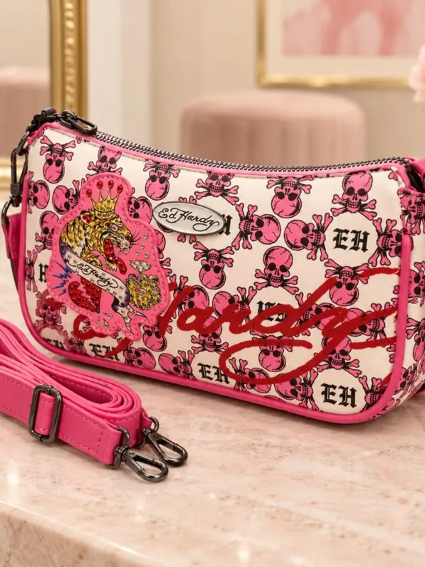Ed Hardy Pink Skull Tiger Rhinestone Shoulder Bag Crossbody NWT - Image 4