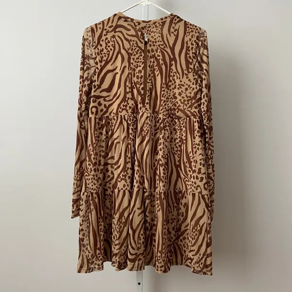 AFRM M Brown Animal Print Babydoll Dress Mesh Tiered Long‎ Sleeve - Image 7