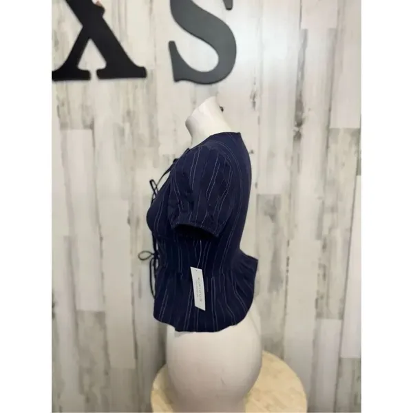 Kirious Los Angeles XS Navy Blue Pinstripe Tie-Front Peplum Top Puff Sleeve - Image 2