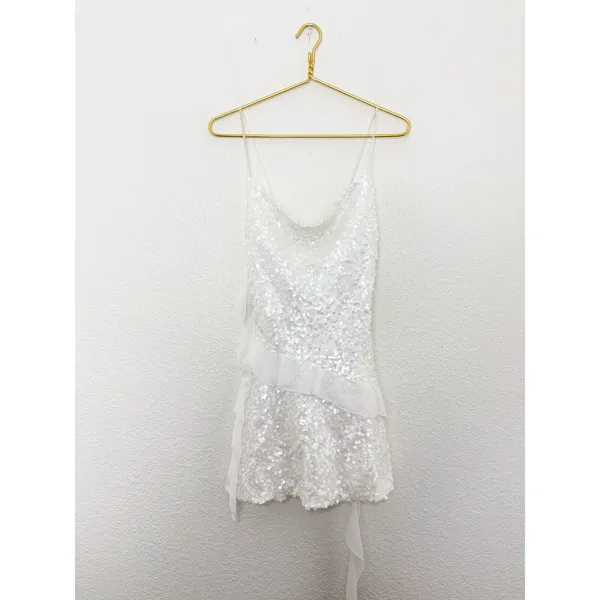 Zara White Sequin Ruffle Slip Mini Dress Size XS Bridal Cocktail 8306/732 - Image 4