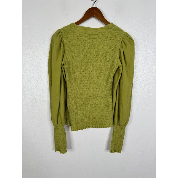 Anthropologie Smocked Puff Sleeve Top Chartreuse Green Textured Blouse Small - Image 2
