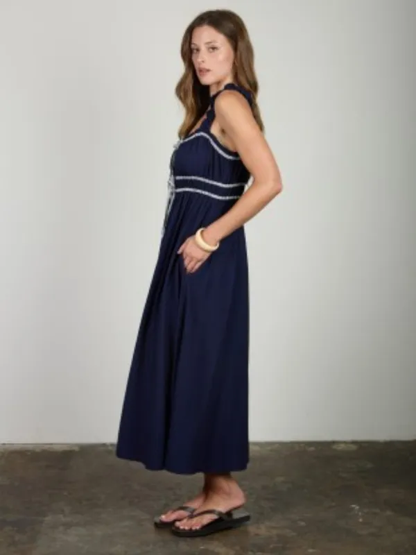 Shirred Stripe Front Tie Sleeveless Midi Dress - Image 3