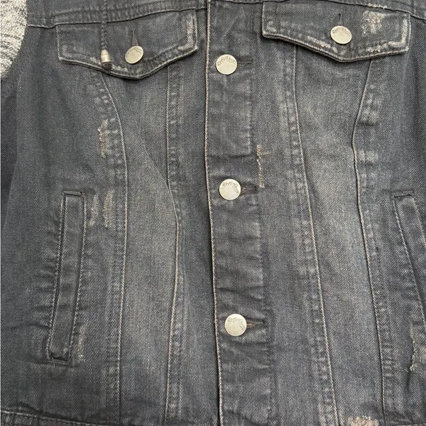 Free People distressed Black Jean Jacket with charcoal Sleeves - Image 2