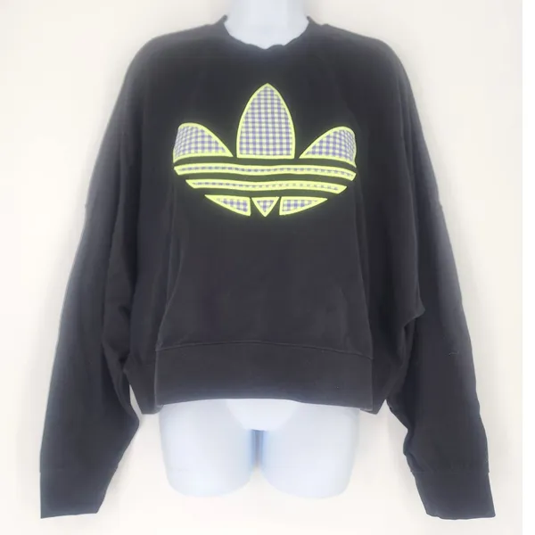 Adidas Trefoil Neon Gingham Logo Cropped Sweatshirt Black Women’s Size L - Image 2