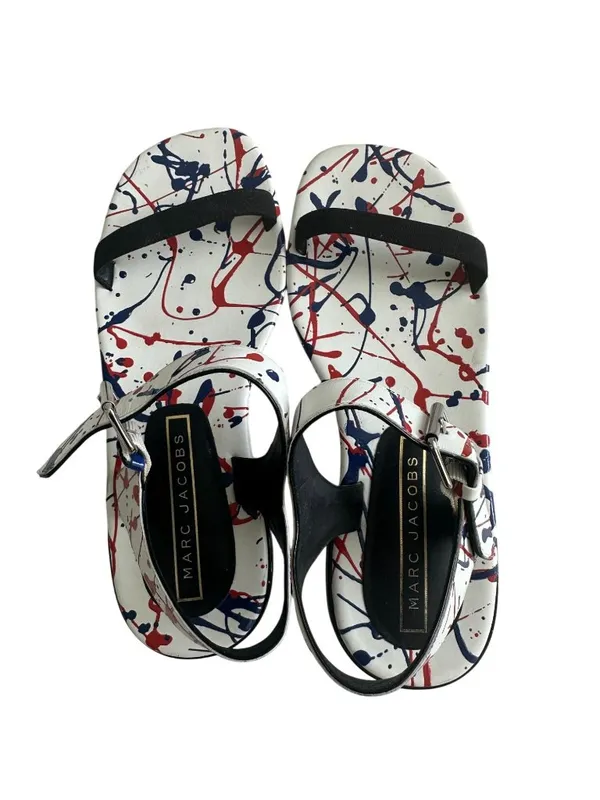 MARC JACOBS Paint Splatter White Blue Red Leather Sandals Size 7.5 / 37.5 - Image 4