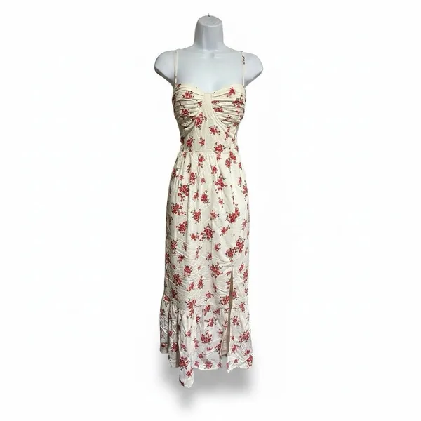ASTR The Label Ivory Pink Red Floral Pleated Sweetheart Midi Dress Strappy M - Image 4