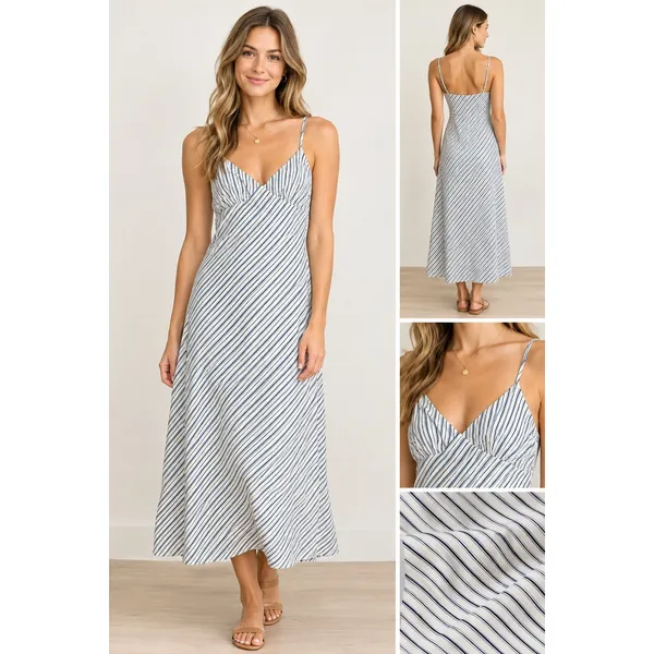 Michael Kors Blue White Striped V-Neck Midi Slip Dress Romantic Casual - Image 2