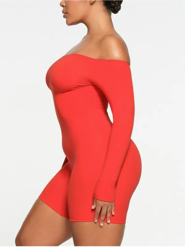 SKIMS Off-Shoulder Long Sleeve Bodysuit Romper in Ruby - Image 2