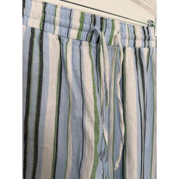 Wonderly Womens Cotton High Rise Tie Waist Ankle Pants Blue Green Striped XL - Image 13