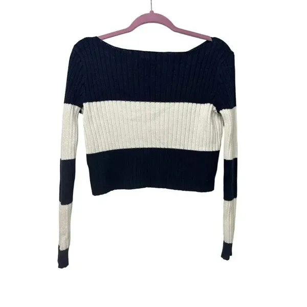 Aerie Cropped Sweater Size Small Striped Navy White Nautical Cotton - Image 2