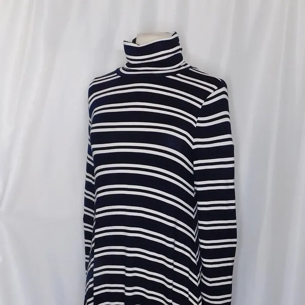 Anthropologie MAEVE Navy Blue White Striped Turtleneck‎ Jersey Knit Dress Small - Image 6