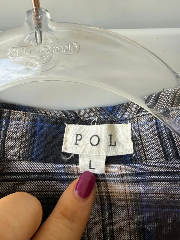 POL Women's Plaid Button-Up Blouse in Navy, Gray and Cream - Image 2
