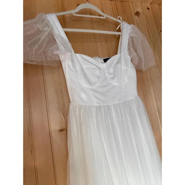 NWT Lulus Dreamy Celebration White Tulle Bustier Swiss Dot Midi Dress Bride XS - Image 4