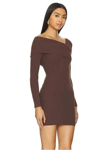 REVOLVE x SUPERDOWN Ysabel Off Shoulder Brown Ribbed Long Sleeve Mini Dress - Image 3