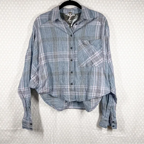 Free People Women Top Sz XS Blue Cutie Plaid‎ Button Down Oversized Bohemian - Image 2