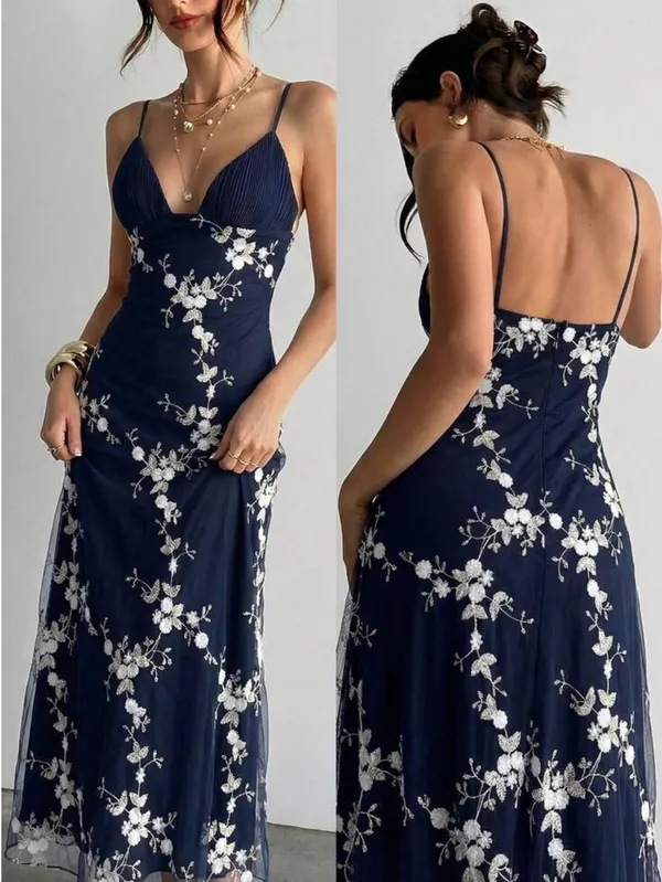 Alice + Olivia Navy Embroidered Maxi Dress XS Floral Mesh Wedding Evening Gown - Image 5