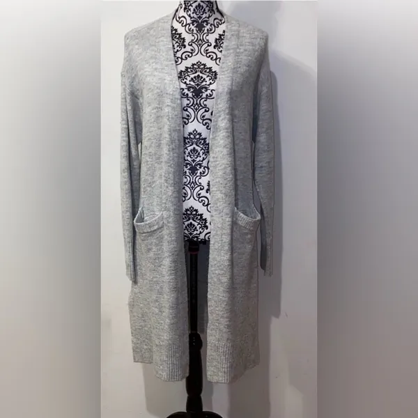 a.n.a Heather Gray Long Duster Cardigan Sweater W Front Pockets Size Medium - Image 2