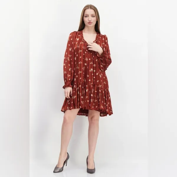 En Saison Long Sleeve Floral Printed Drop Waist Mini Dress Bump Friendly - Image 4
