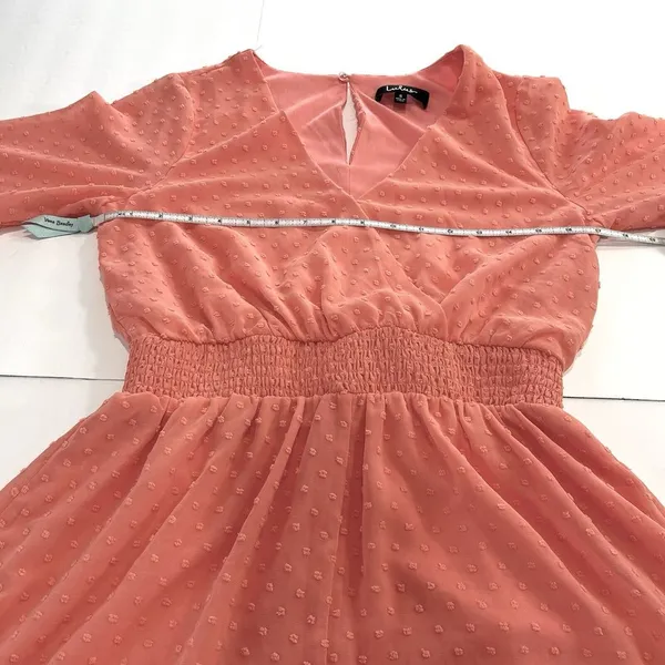 NWT Lulus Meadowlake Coral‎ Orange Swiss Dot Lace Bell Sleeve Romper Size SMALL - Image 7